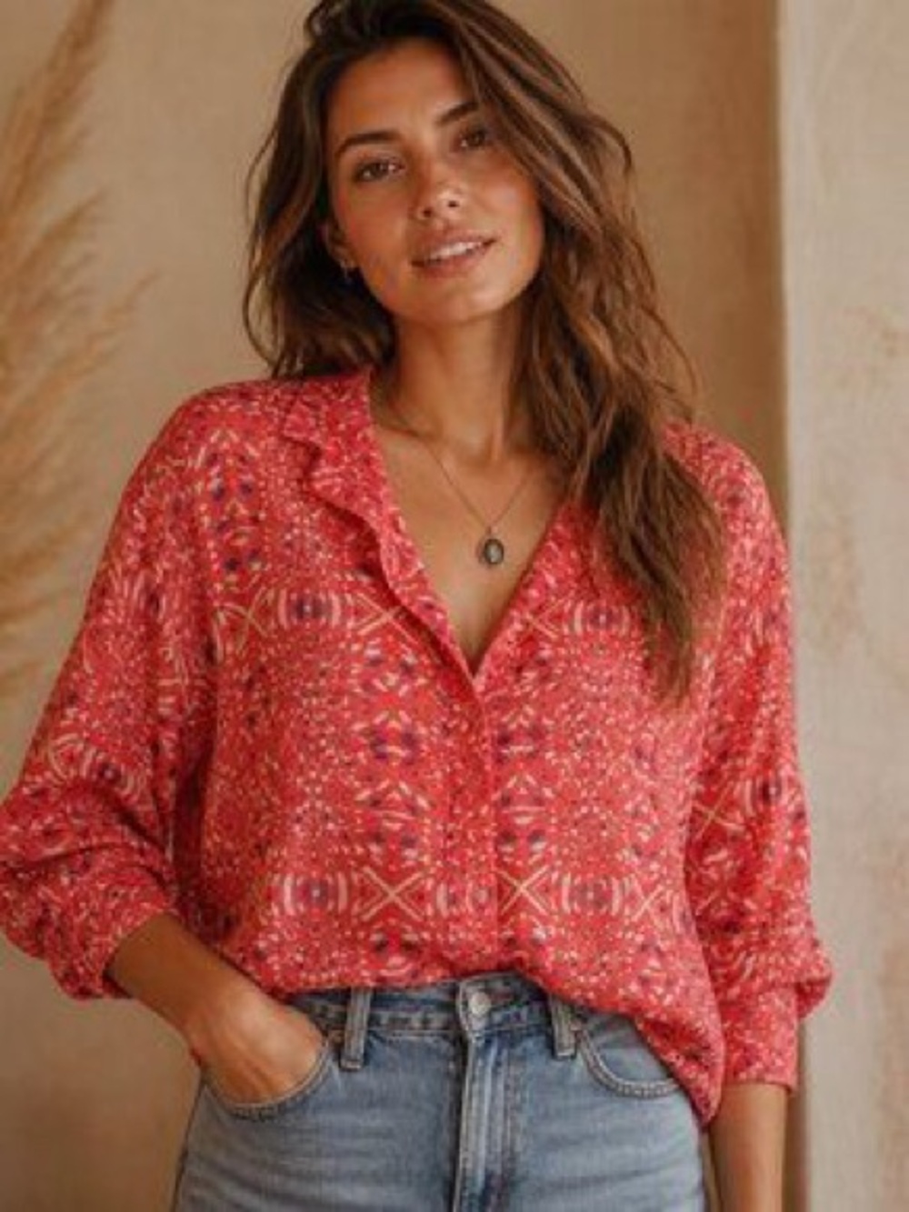 Free People Red Printed Button-Down Blouse